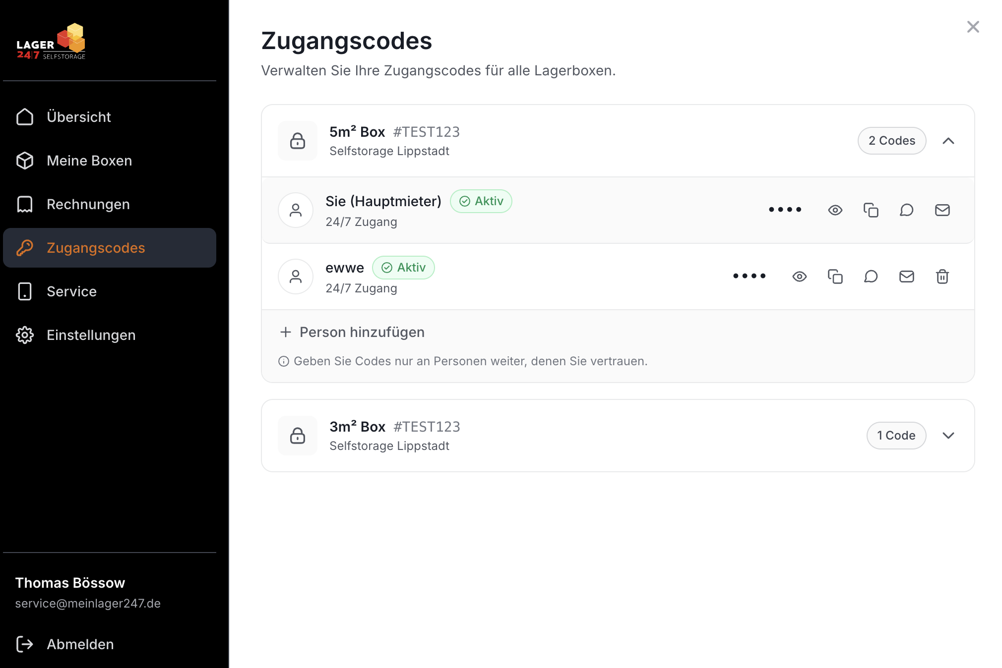 Zugangscodes Verwaltung